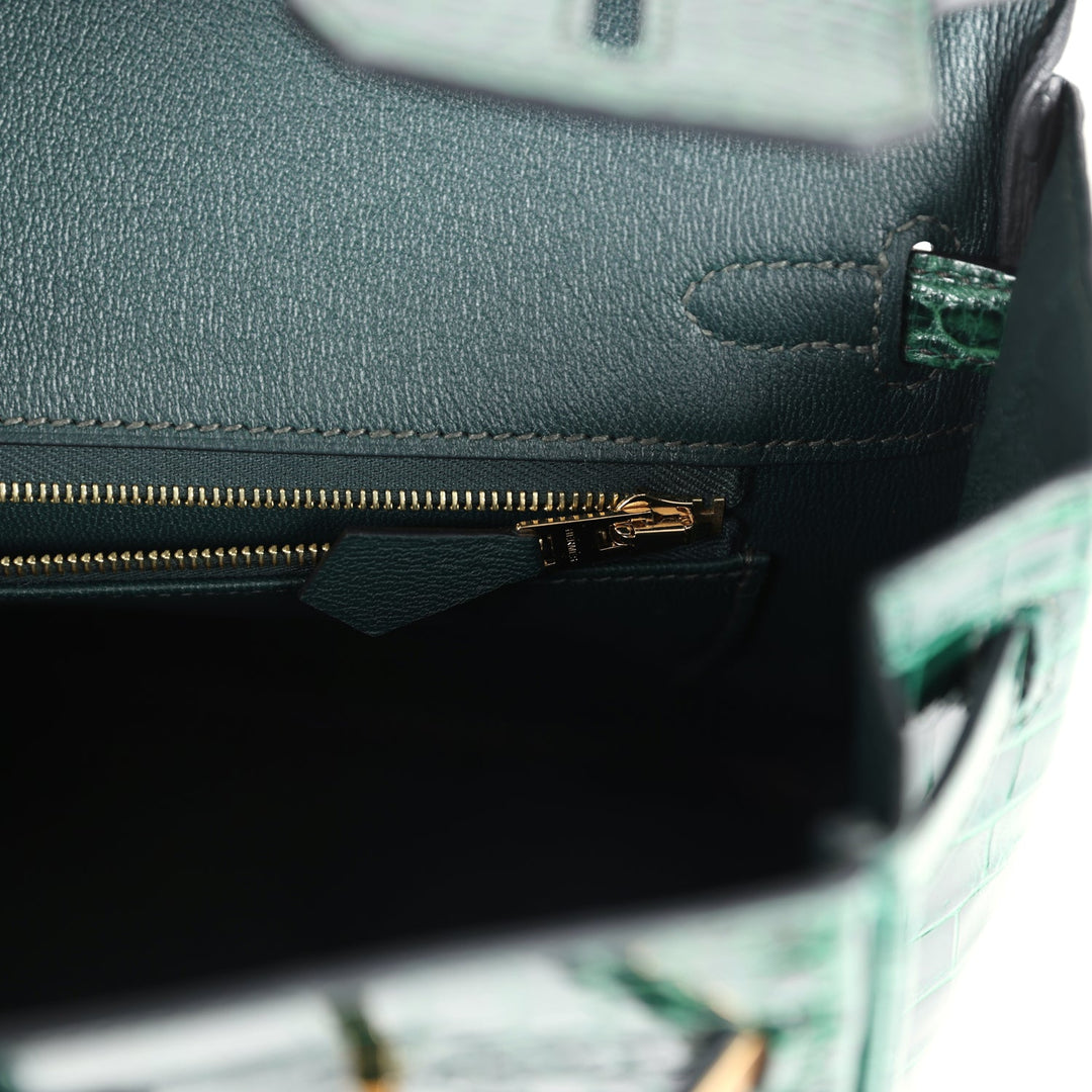 Hermes Birkin 25 Vert Fonce Shiny Porous Crocodile Gold Hardware