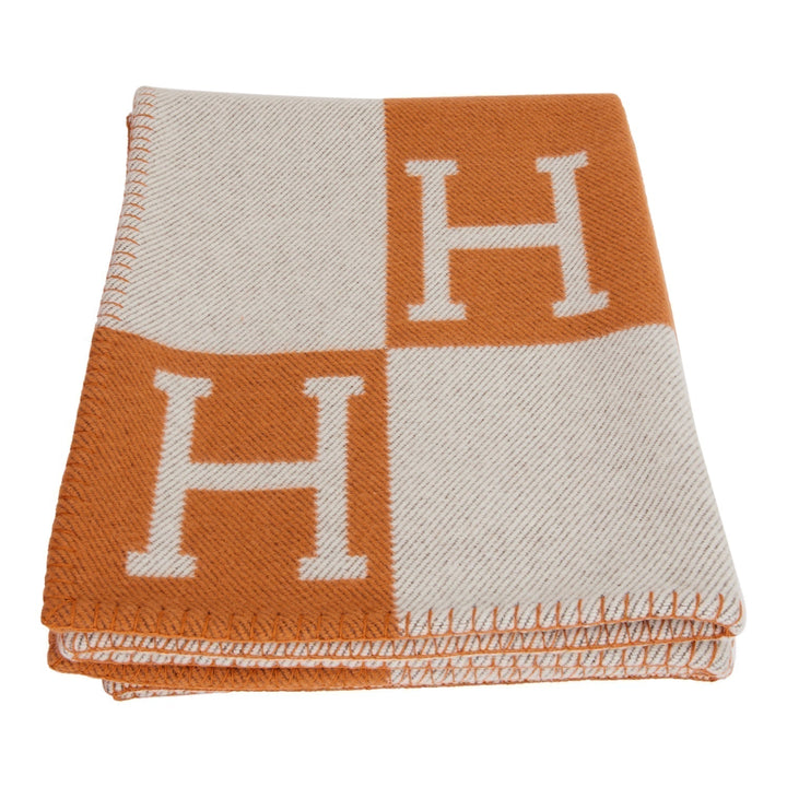 Top quality Hermes "Classic Avalon" Ecru and Orange H Blanket