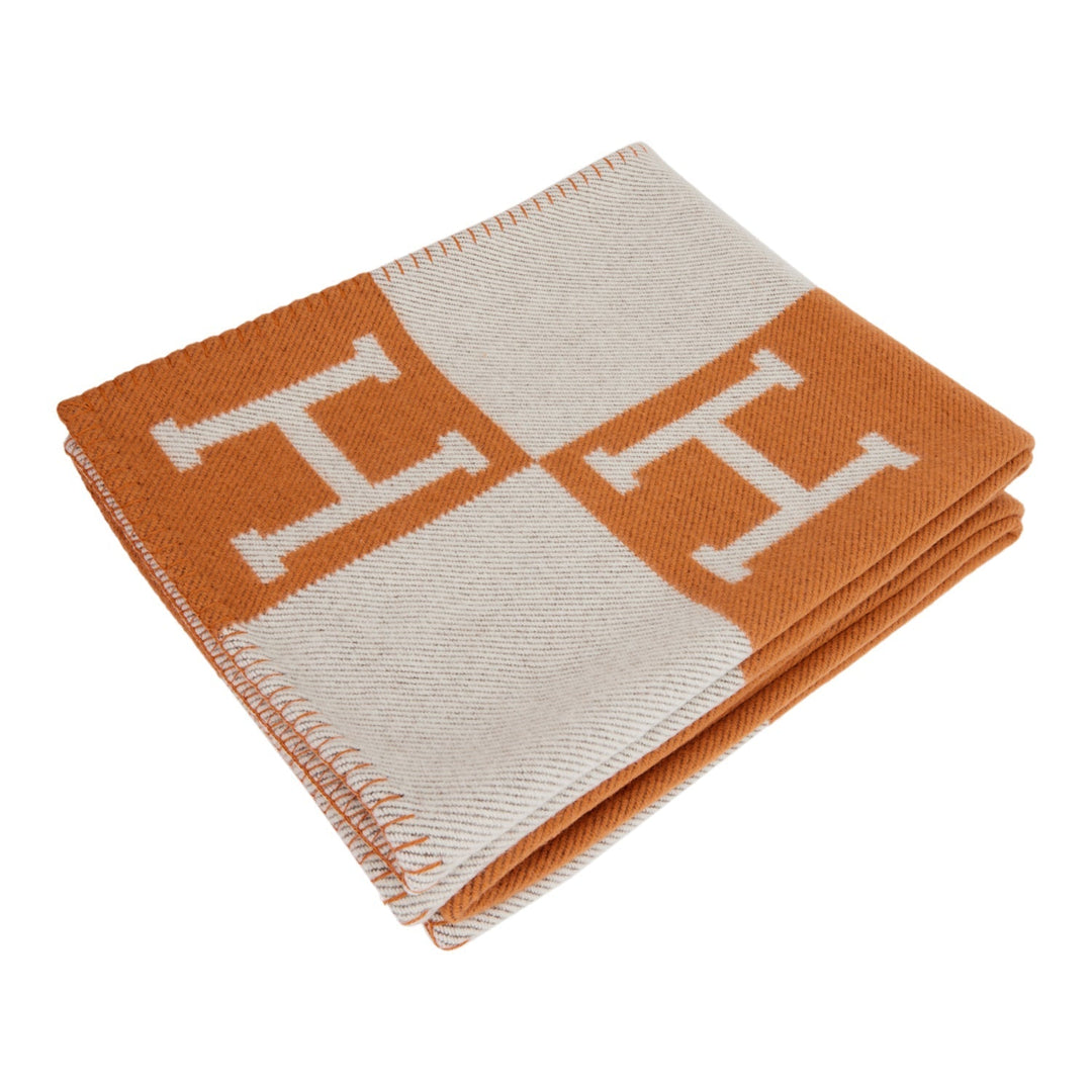 Top quality Hermes "Classic Avalon" Ecru and Orange H Blanket