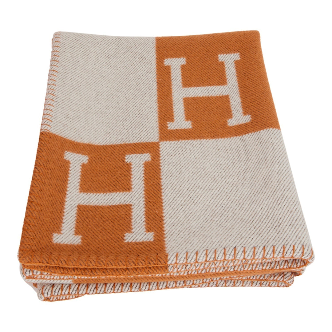 Top quality Hermes "Classic Avalon" Ecru and Orange H Blanket