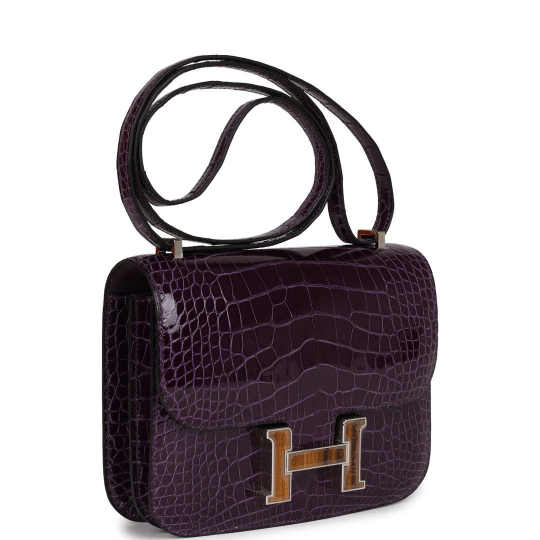 Top quality Hermes Constance 18 Amethyst Shiny Alligator Tigers Eye Quartz Palladium Hardware