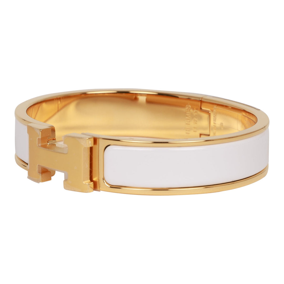 Top quality Hermes White Clic Clac H Narrow Enamel Bracelet PM GHW