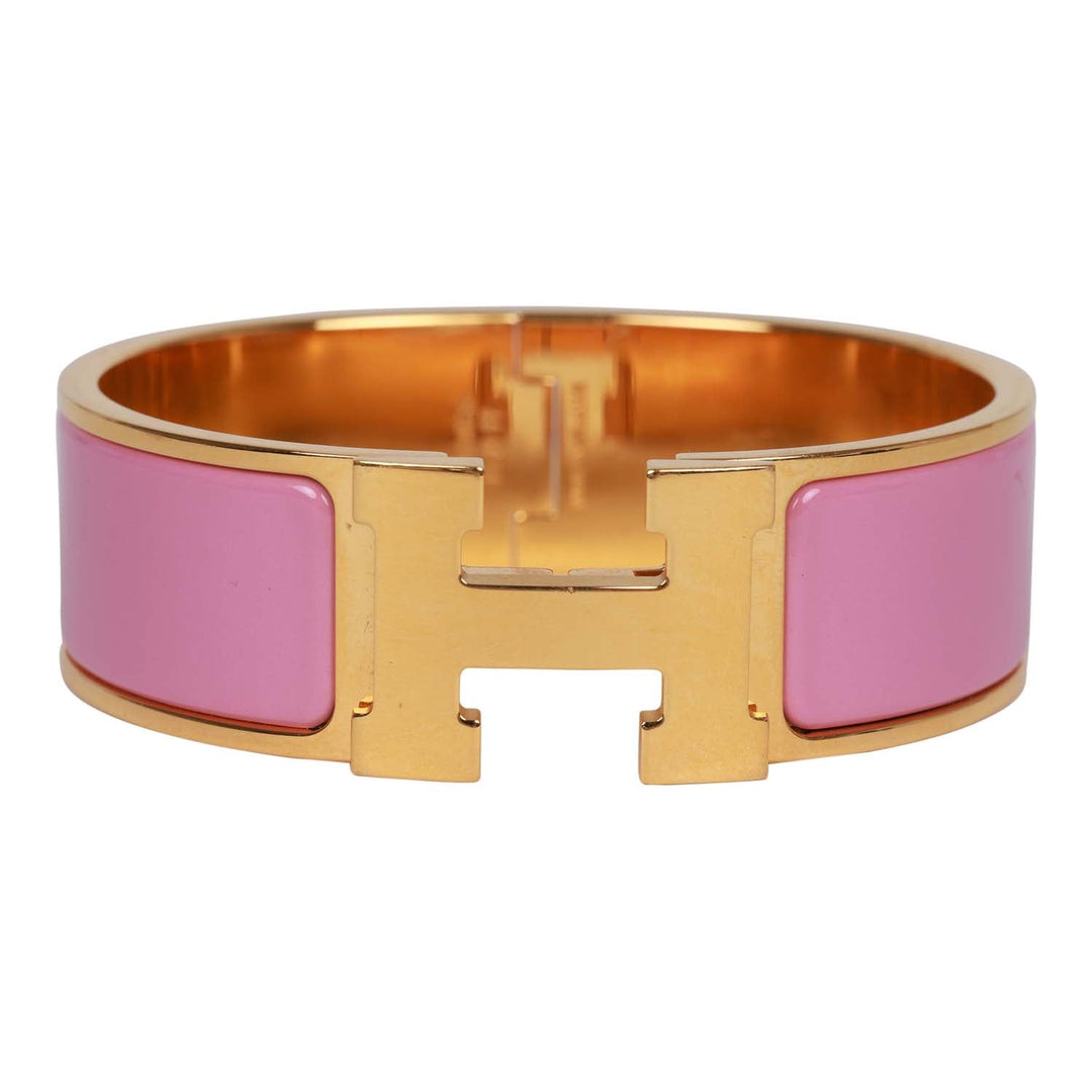 Top quality Hermes "Rose Nacarat" Wide Enamel Bracelet GM Gold Hardware