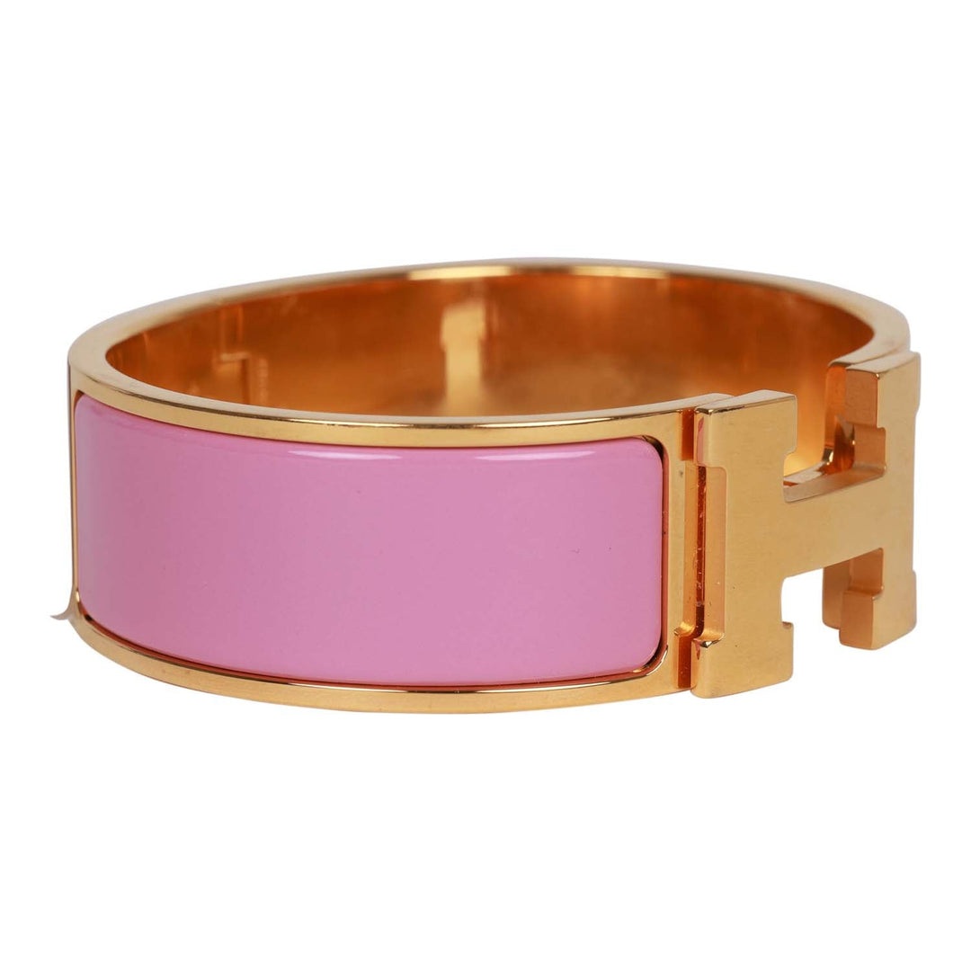 Top quality Hermes "Rose Nacarat" Wide Enamel Bracelet GM Gold Hardware