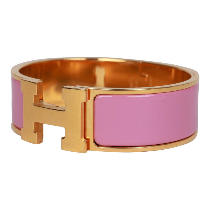 Top quality Hermes "Rose Nacarat" Wide Enamel Bracelet GM Gold Hardware