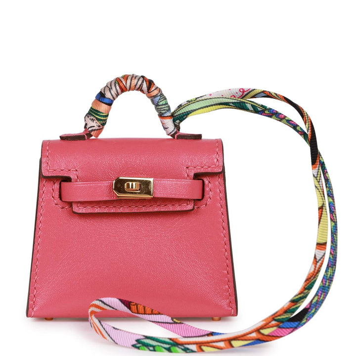 Top quality Hermes Mini Kelly Twilly Bag Charm Rose Lipstick Tadelakt Gold Hardware
