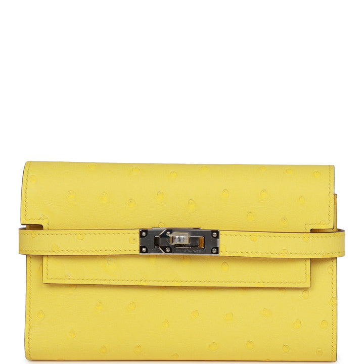 Premium Handmade Hermes Medium Kelly Depliant Wallet Jaune Citron Ostrich Palladium Hardware