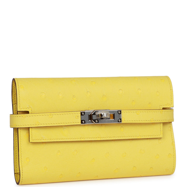 Premium Handmade Hermes Medium Kelly Depliant Wallet Jaune Citron Ostrich Palladium Hardware