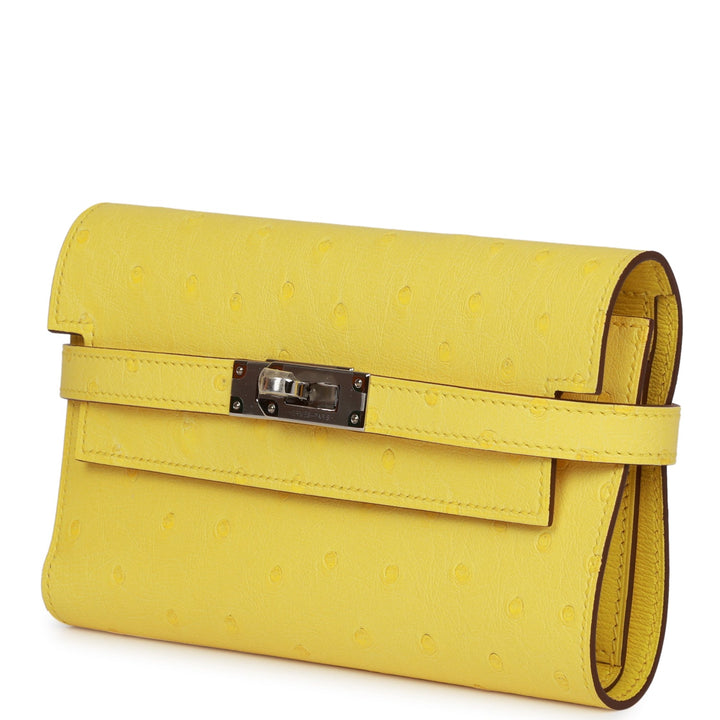 Premium Handmade Hermes Medium Kelly Depliant Wallet Jaune Citron Ostrich Palladium Hardware