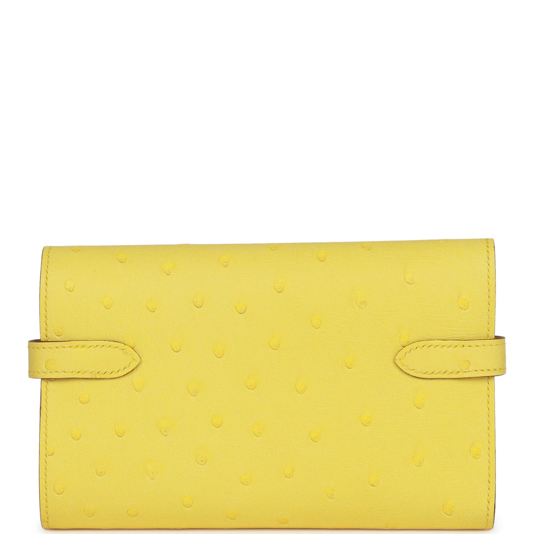 Premium Handmade Hermes Medium Kelly Depliant Wallet Jaune Citron Ostrich Palladium Hardware