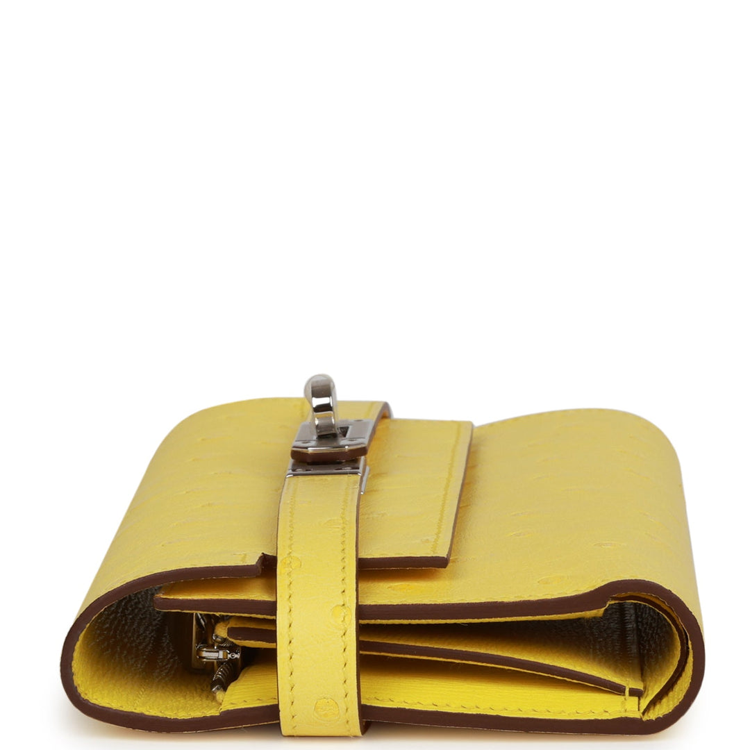Premium Handmade Hermes Medium Kelly Depliant Wallet Jaune Citron Ostrich Palladium Hardware