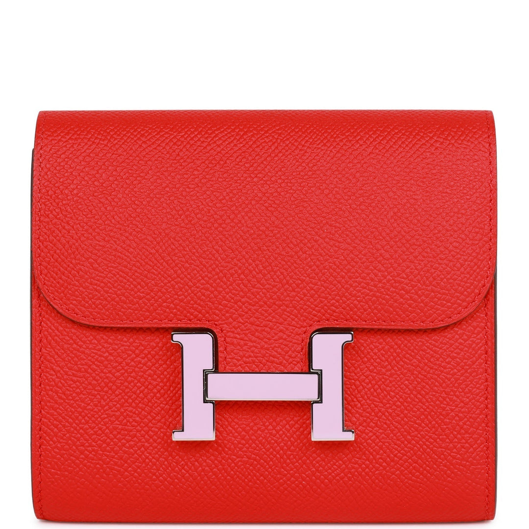 Top quality Hermes Constance Compact Wallet Rouge de Coeur Epsom Rose Sakura Enamel and Palladium Hardware