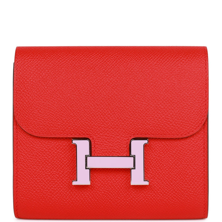 Top quality Hermes Constance Compact Wallet Rouge de Coeur Epsom Rose Sakura Enamel and Palladium Hardware