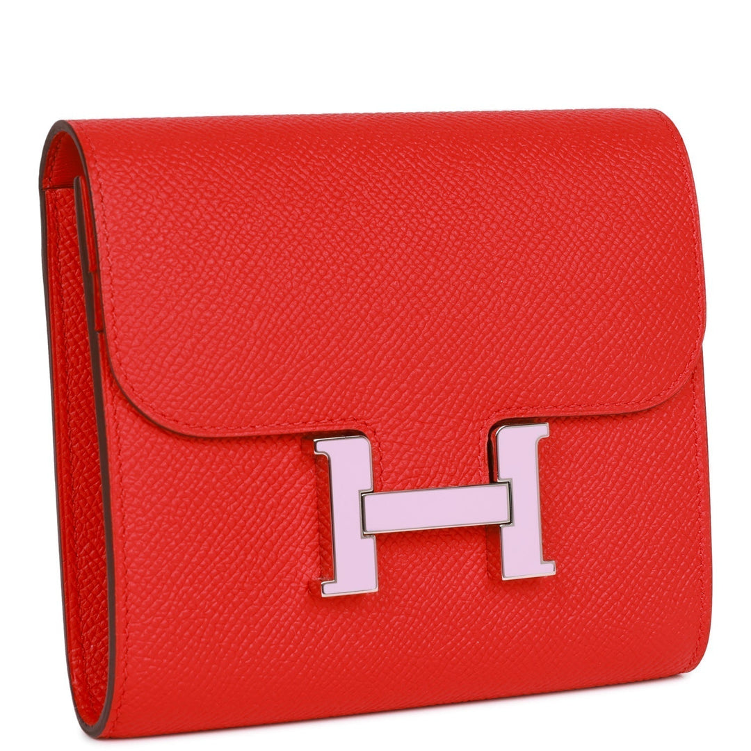 Top quality Hermes Constance Compact Wallet Rouge de Coeur Epsom Rose Sakura Enamel and Palladium Hardware