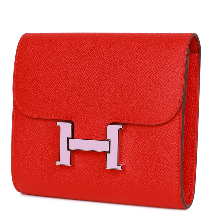 Top quality Hermes Constance Compact Wallet Rouge de Coeur Epsom Rose Sakura Enamel and Palladium Hardware