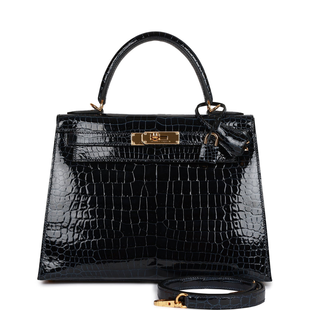 Hermes Kelly 28 Sellier Bleu Baltique Shiny Porosus Crocodile Gold Hardware