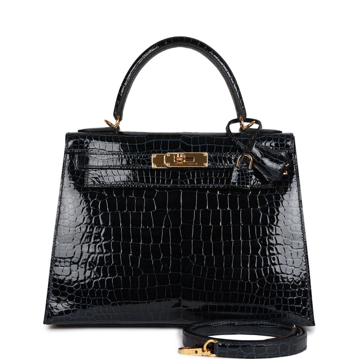 Hermes Kelly 28 Sellier Bleu Baltique Shiny Porosus Crocodile Gold Hardware