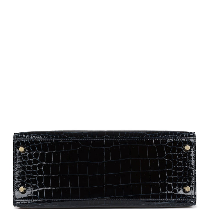 Hermes Kelly 28 Sellier Bleu Baltique Shiny Porosus Crocodile Gold Hardware
