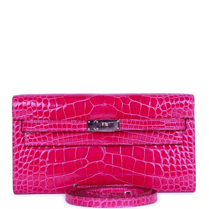 Premium Handmade Hermes Kelly Wallet To Go Rose Scheherazade Shiny Alligator Palladium Hardware