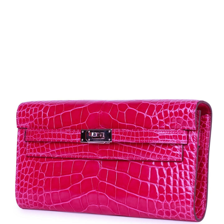 Premium Handmade Hermes Kelly Wallet To Go Rose Scheherazade Shiny Alligator Palladium Hardware