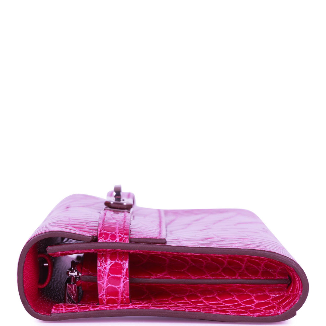 Premium Handmade Hermes Kelly Wallet To Go Rose Scheherazade Shiny Alligator Palladium Hardware