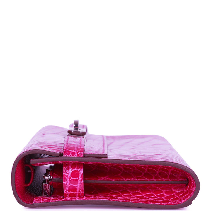 Premium Handmade Hermes Kelly Wallet To Go Rose Scheherazade Shiny Alligator Palladium Hardware