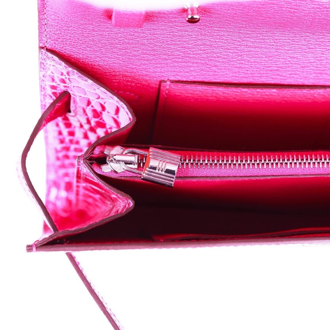 Top quality Hermes Kelly Wallet To Go Rose Scheherazade Shiny Alligator Palladium Hardware