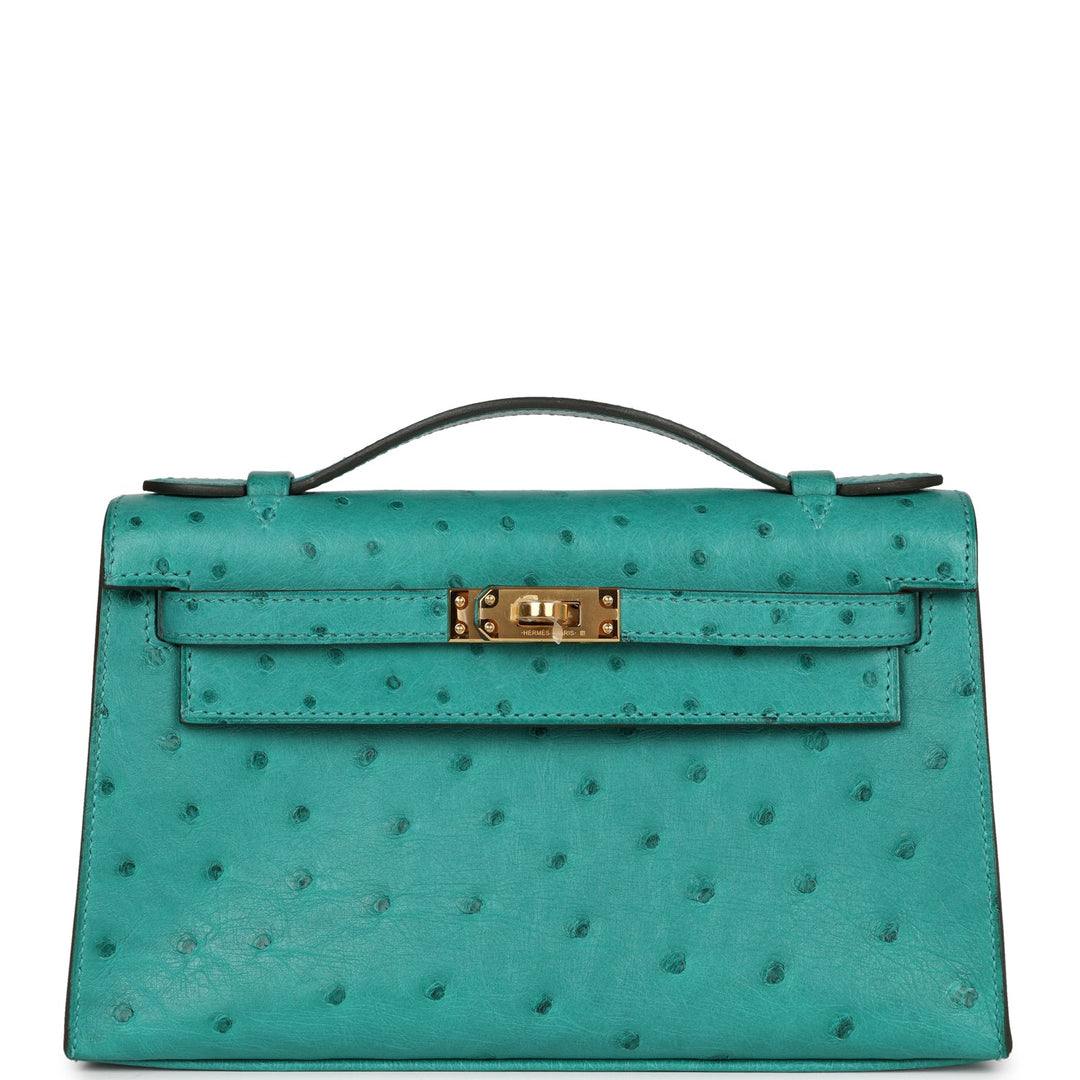 top quality Hermes Kelly Pochette Vert Verone Ostrich Gold Hardware
