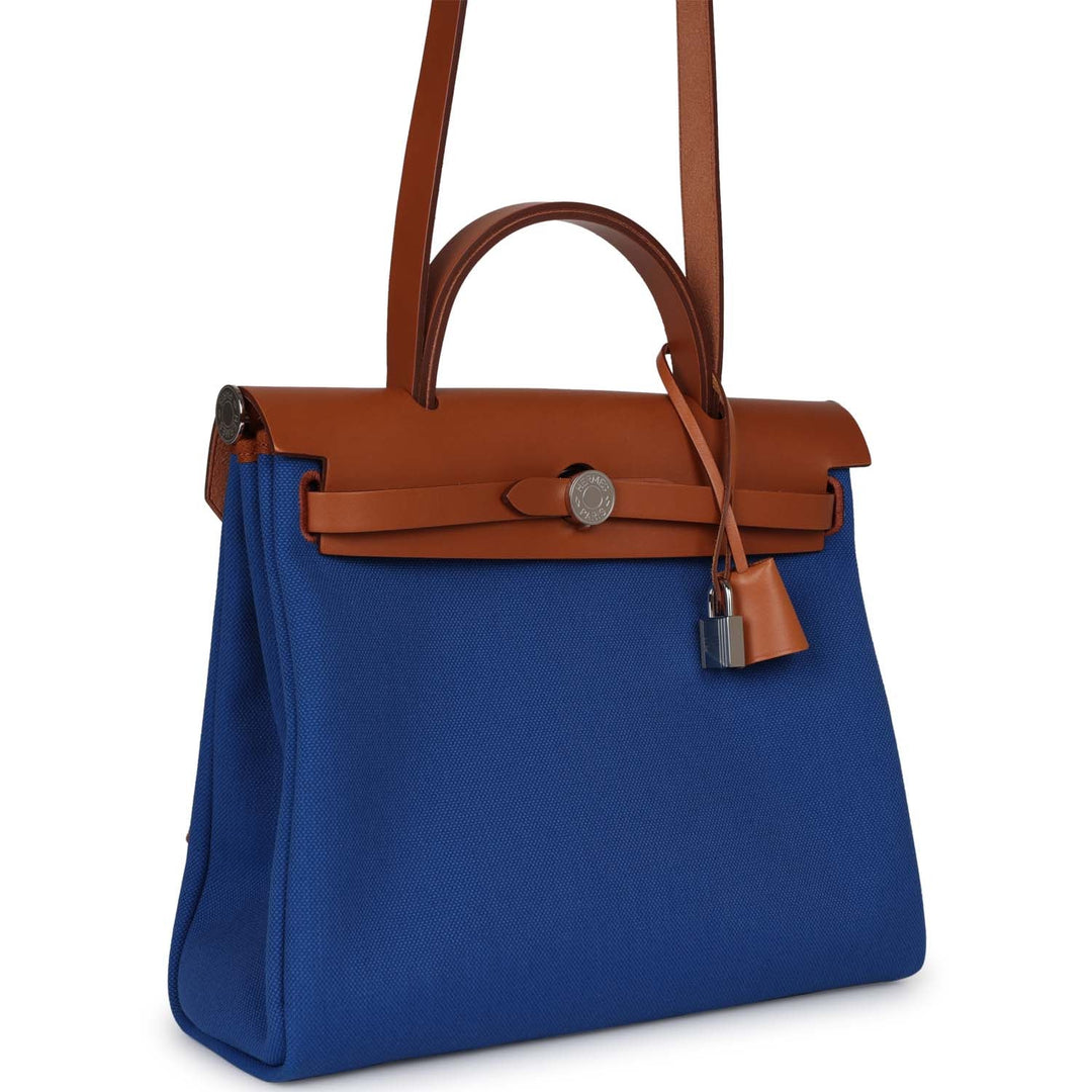 Top quality Hermes Herbag Zip PM 31 Bleu France Toile H Fauve Vache Hunter Palladium Hardware
