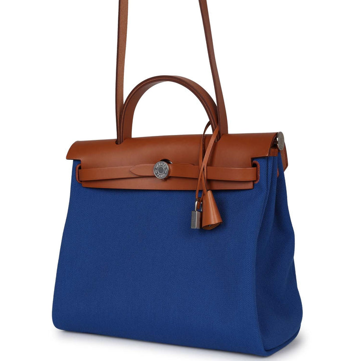 Top quality Hermes Herbag Zip PM 31 Bleu France Toile H Fauve Vache Hunter Palladium Hardware