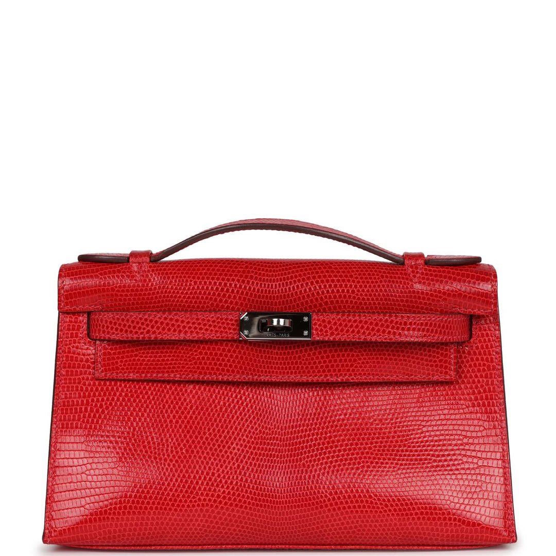 top quality Hermes Kelly Pochette Rouge Vif Lizard Ruthenium Hardware