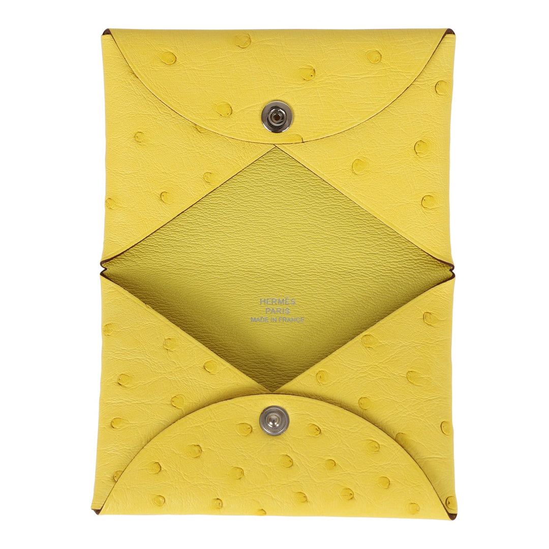Top quality Hermes Calvi Card Holder Jaune Citron Ostrich Palladium Hardware