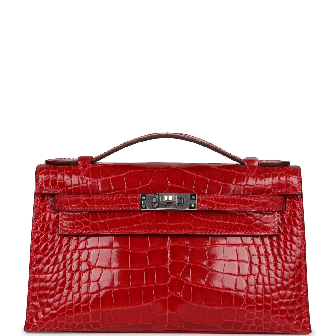top quality Hermes Kelly Pochette Braise Shiny Alligator Palladium Hardware