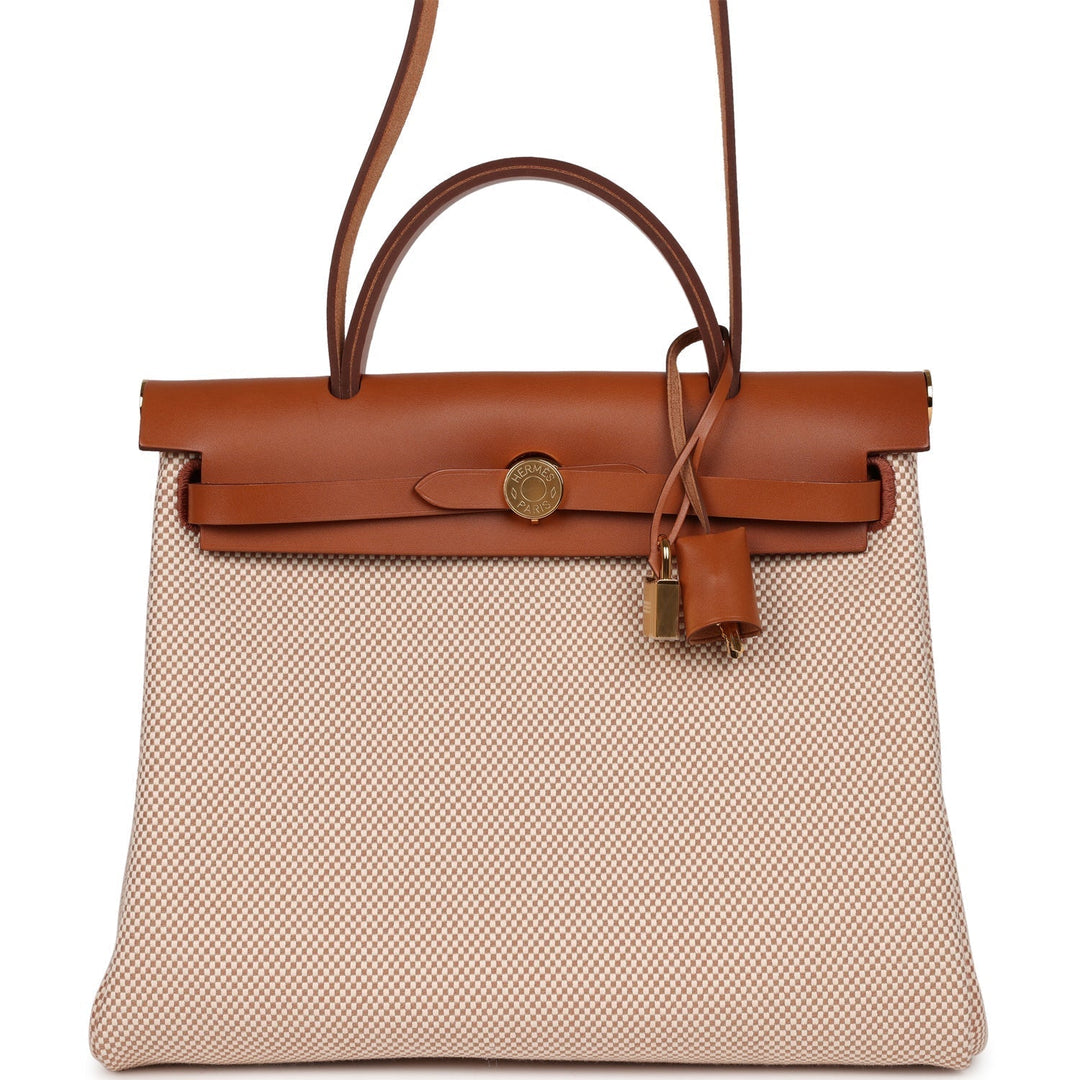 Top quality Hermes Herbag Zip Pm 31 Ecru Beige and Naturel Viking Criss Toile Fauve Hunter Gold Hardware
