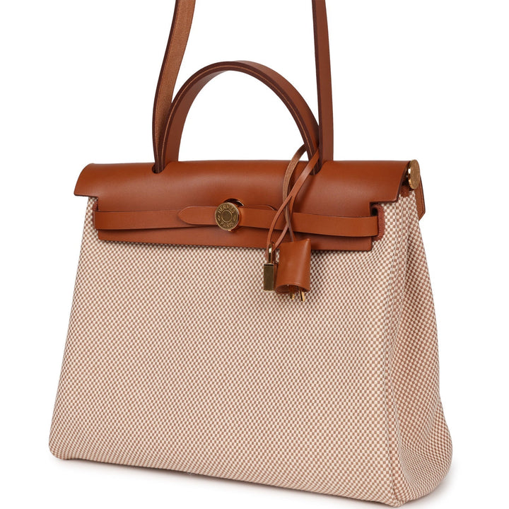 Top quality Hermes Herbag Zip Pm 31 Ecru Beige and Naturel Viking Criss Toile Fauve Hunter Gold Hardware