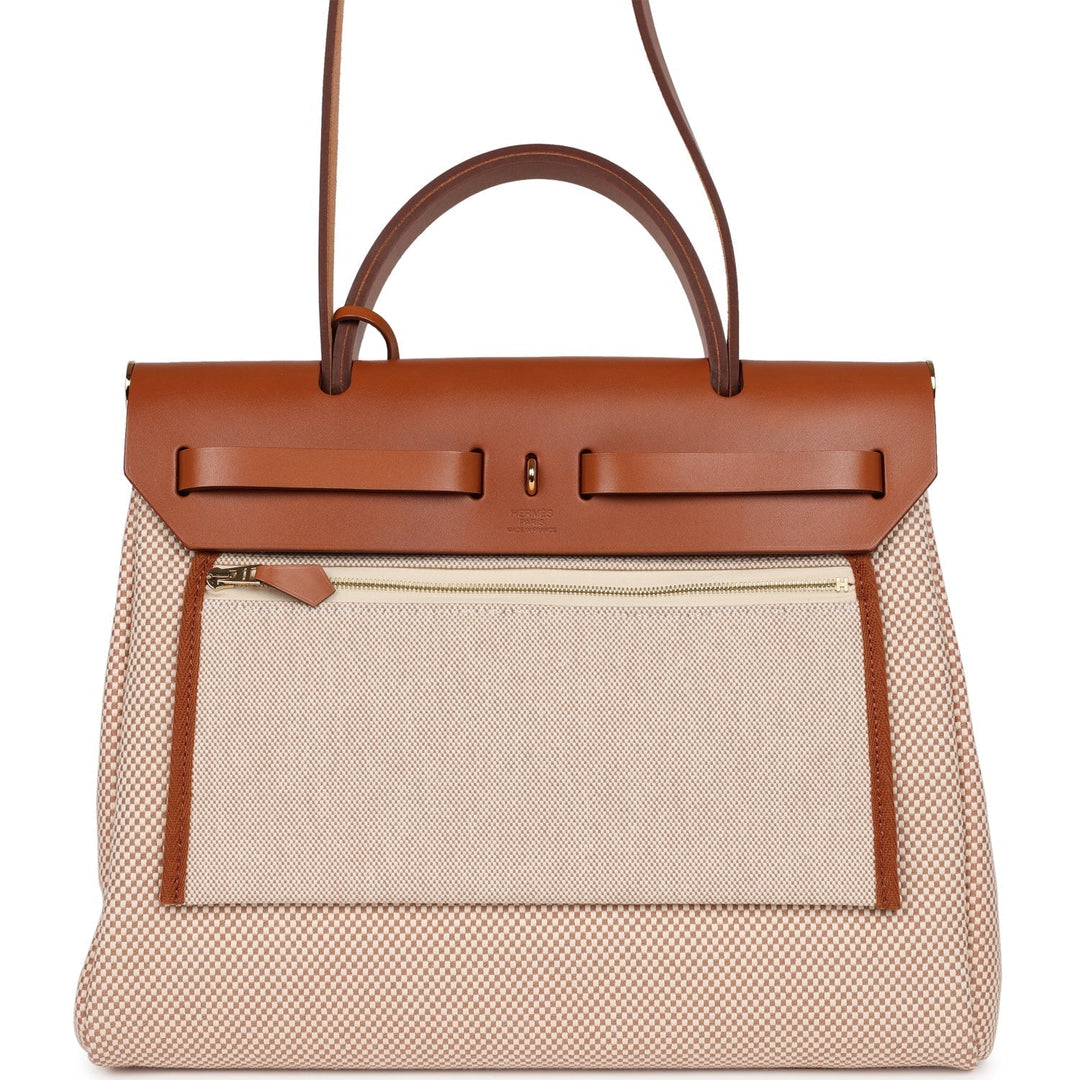 Top quality Hermes Herbag Zip Pm 31 Ecru Beige and Naturel Viking Criss Toile Fauve Hunter Gold Hardware