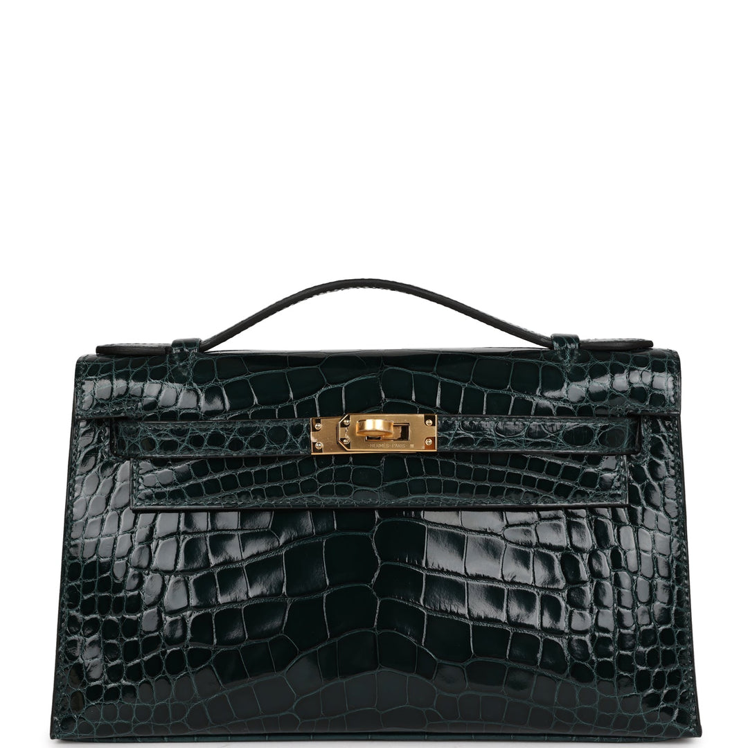 top quality Hermes Kelly Pochette Vert Cypress Shiny Alligator Gold Hardware