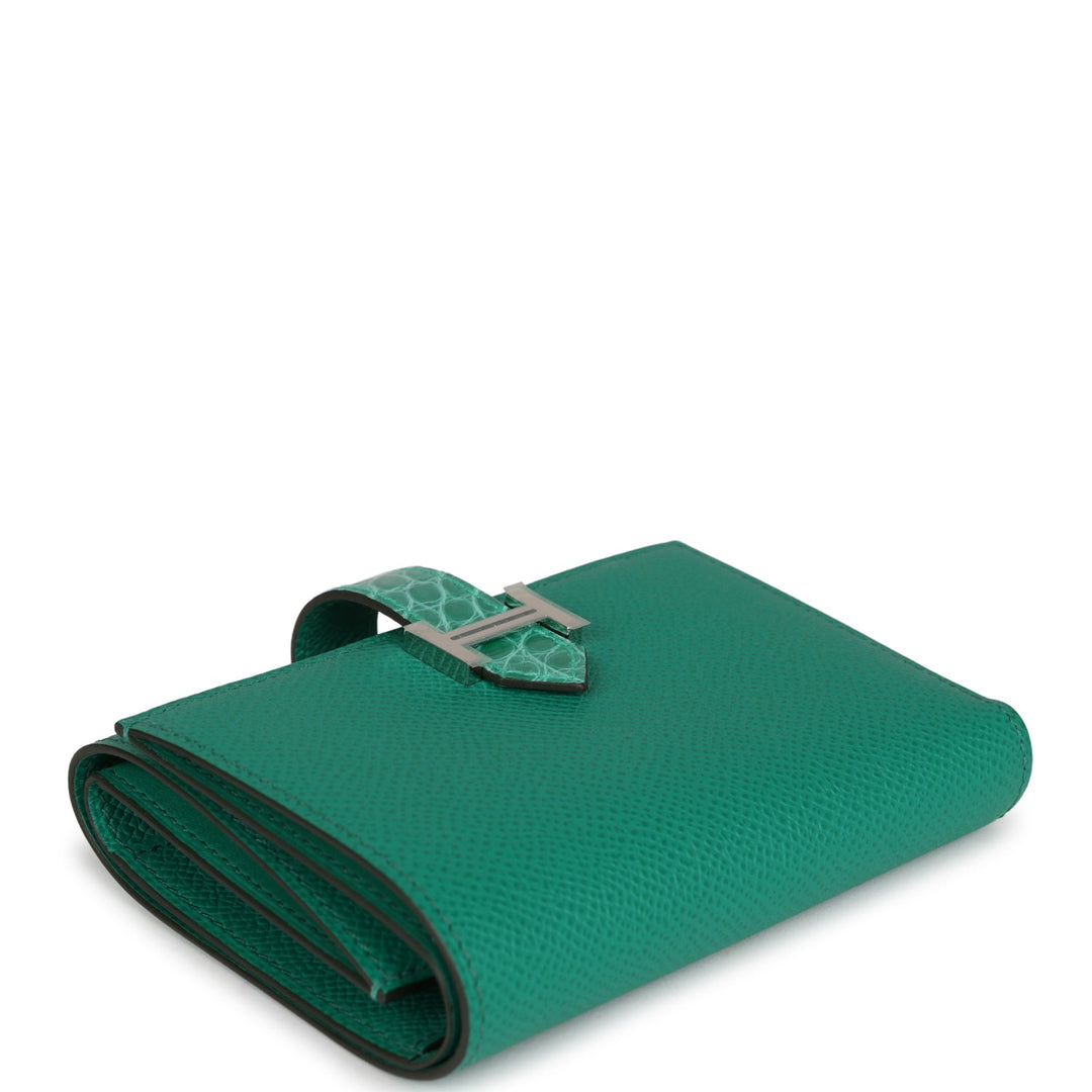 Top quality Hermes Bearn Compact Wallet Touch Vert Jade Alligator and Epsom Palladium Hardware