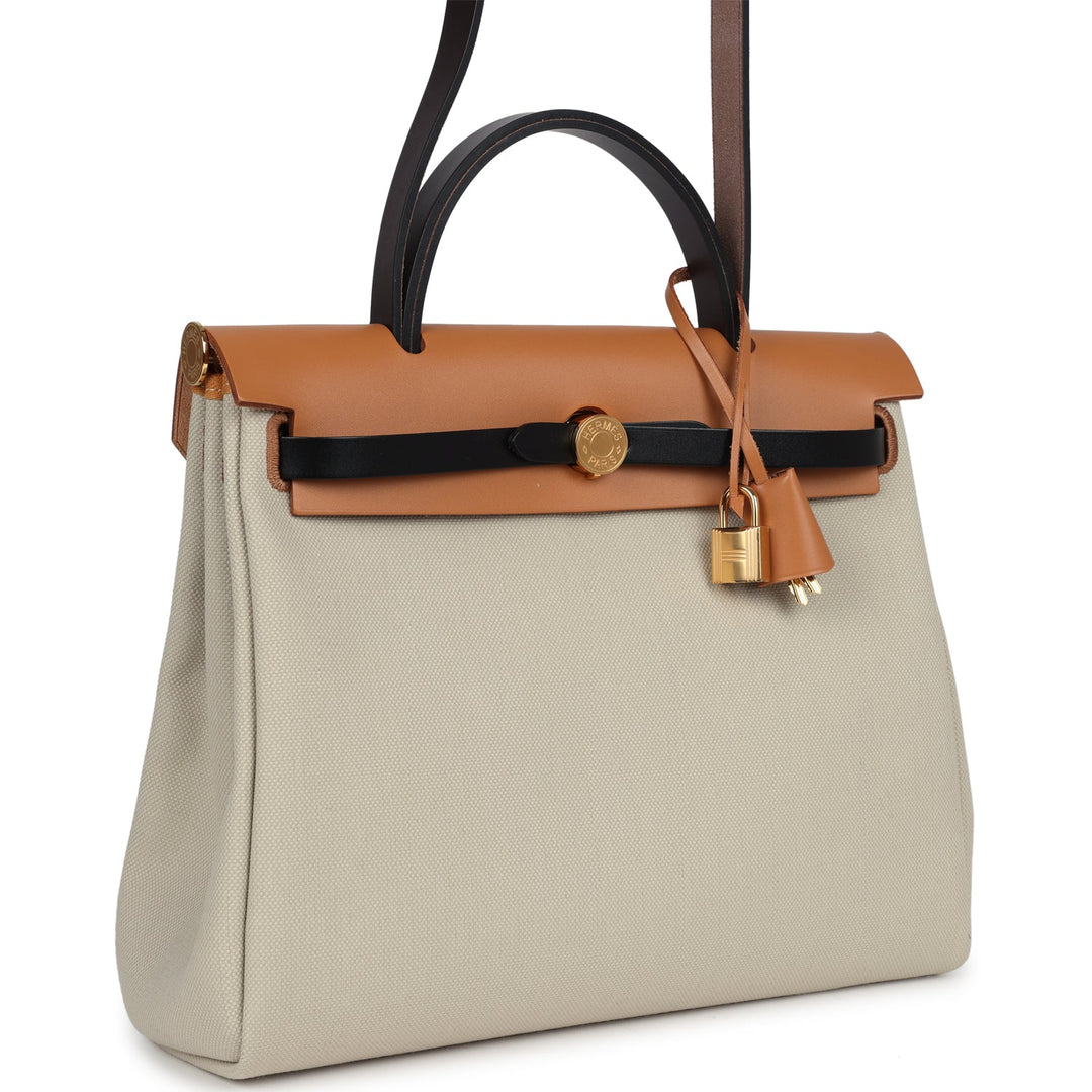 Hermes Herbag Zip 31 PM Ebene/Black/Naturel Sable Hunter & Beton Toile Militaire Gold Hardware