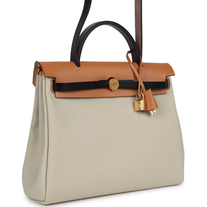 Hermes Herbag Zip 31 PM Ebene/Black/Naturel Sable Hunter & Beton Toile Militaire Gold Hardware