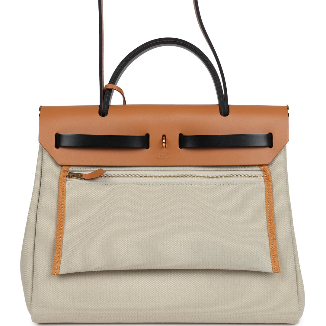 Hermes Herbag Zip 31 PM Ebene/Black/Naturel Sable Hunter & Beton Toile Militaire Gold Hardware