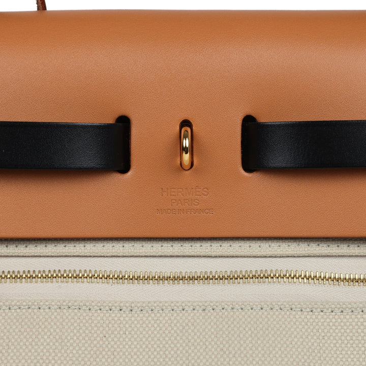 Hermes Herbag Zip 31 PM Ebene/Black/Naturel Sable Hunter & Beton Toile Militaire Gold Hardware