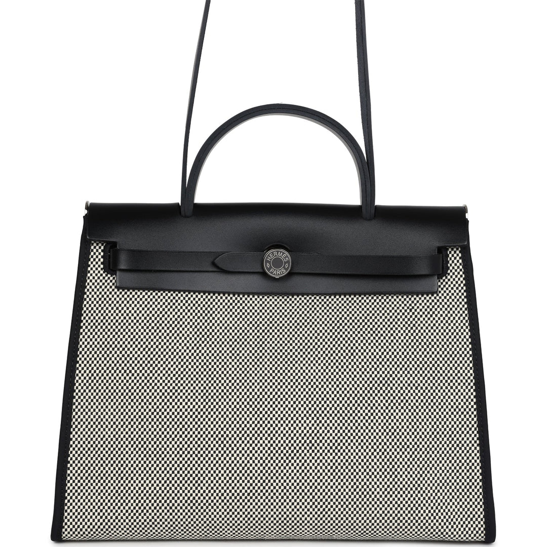 Hermes Herbag Zip 31 PM Black and White Criss Viking Toile and Hunter Palladium Hardware