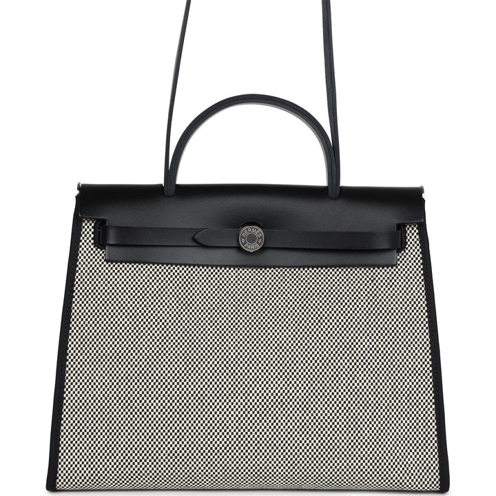 Hermes Herbag Zip 31 PM Black and White Criss Viking Toile and Hunter Palladium Hardware
