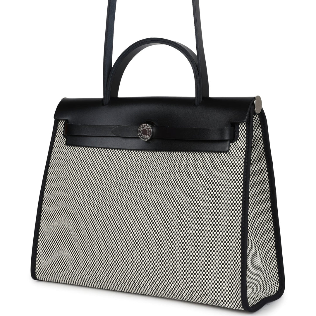 Hermes Herbag Zip 31 PM Black and White Criss Viking Toile and Hunter Palladium Hardware
