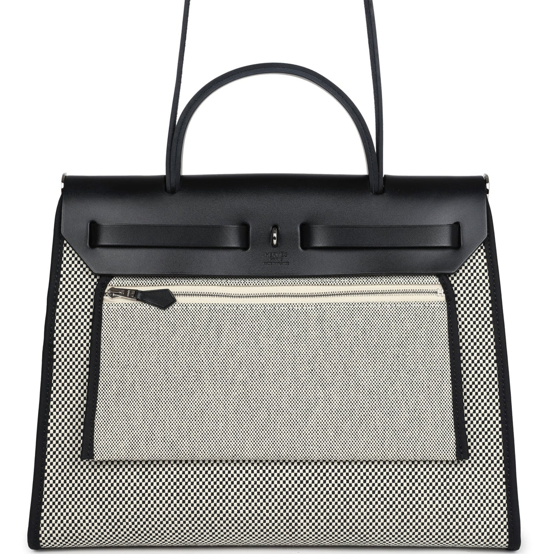 Hermes Herbag Zip 31 PM Black and White Criss Viking Toile and Hunter Palladium Hardware
