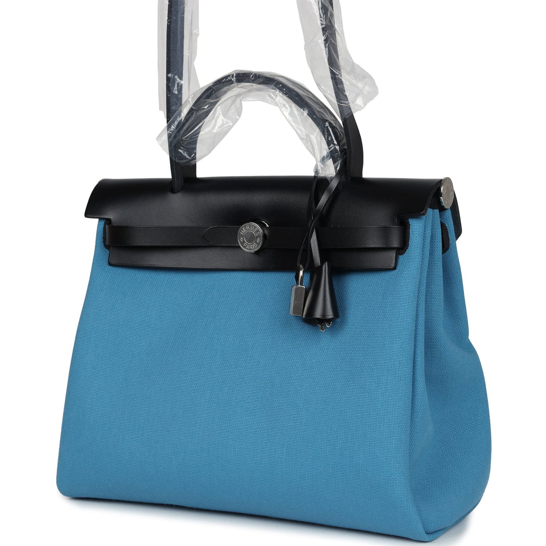 Hermes Herbag Zip PM 31 Blue Jean Toile H and Black Vache Hunter Palladium Hardware