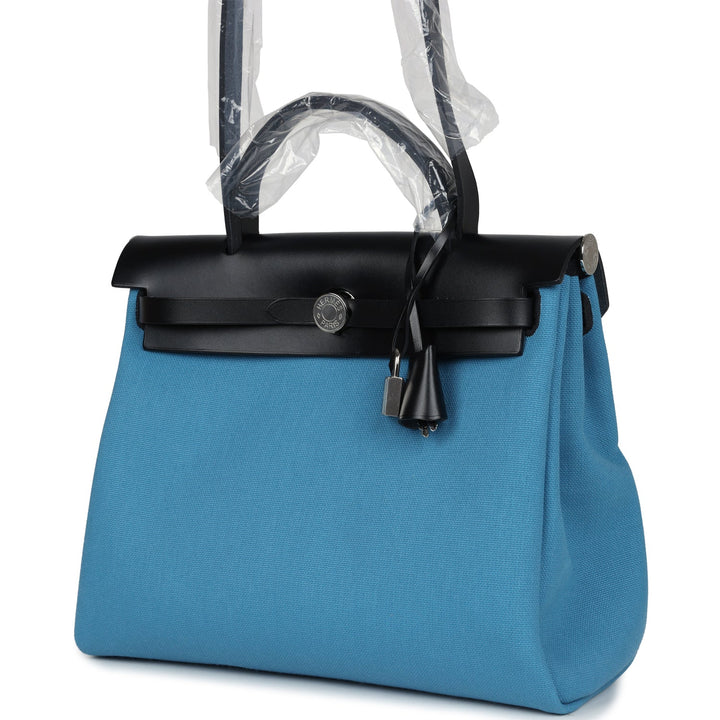 Hermes Herbag Zip PM 31 Blue Jean Toile H and Black Vache Hunter Palladium Hardware