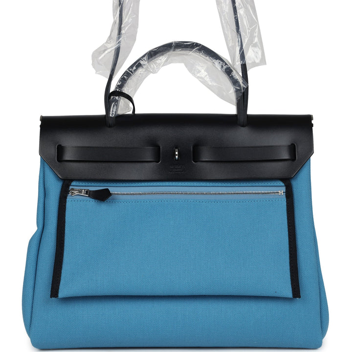 Hermes Herbag Zip PM 31 Blue Jean Toile H and Black Vache Hunter Palladium Hardware