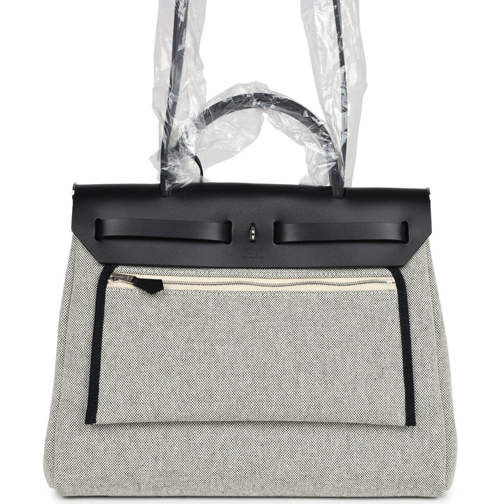 Hermes Herbag Zip 31 PM Hobnailed Black and Ecru Printed H Plume Canvas and Vache Hunter Palladium Hardware